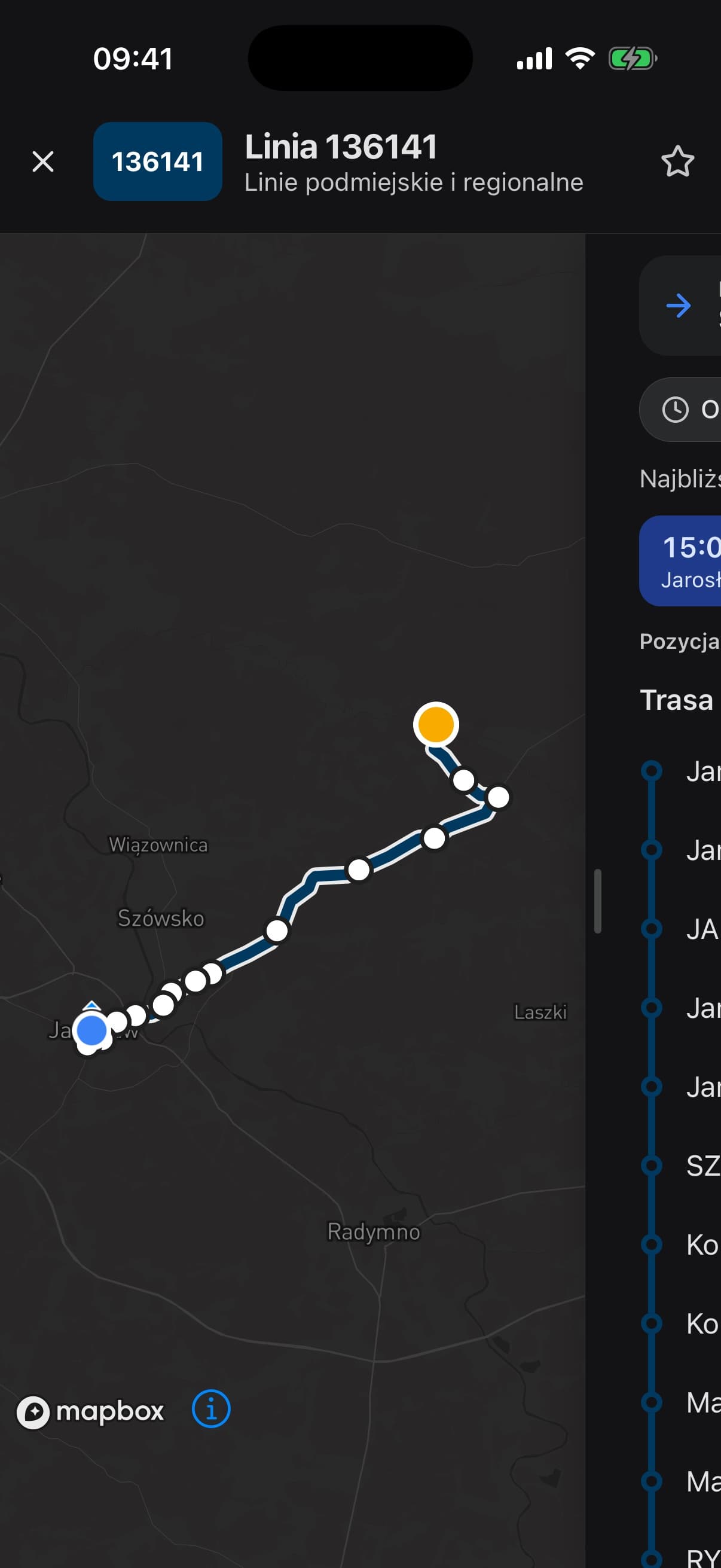 Trasa linii 136141 z Jarosławia do Surmaczówki narysowana na mapie