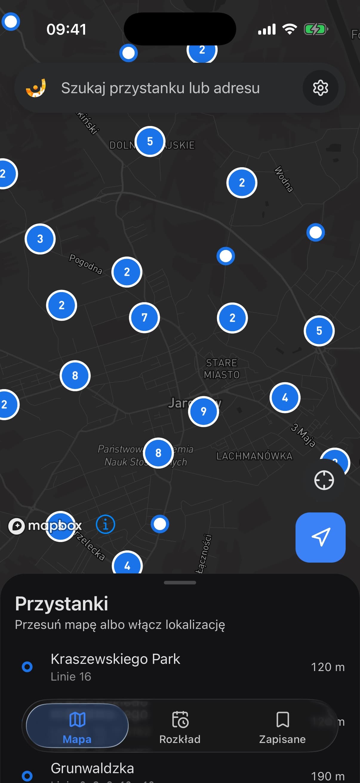 Mapa Jarosławia w aplikacji z przystankami MZK i PKS zgrupowanymi w klastry