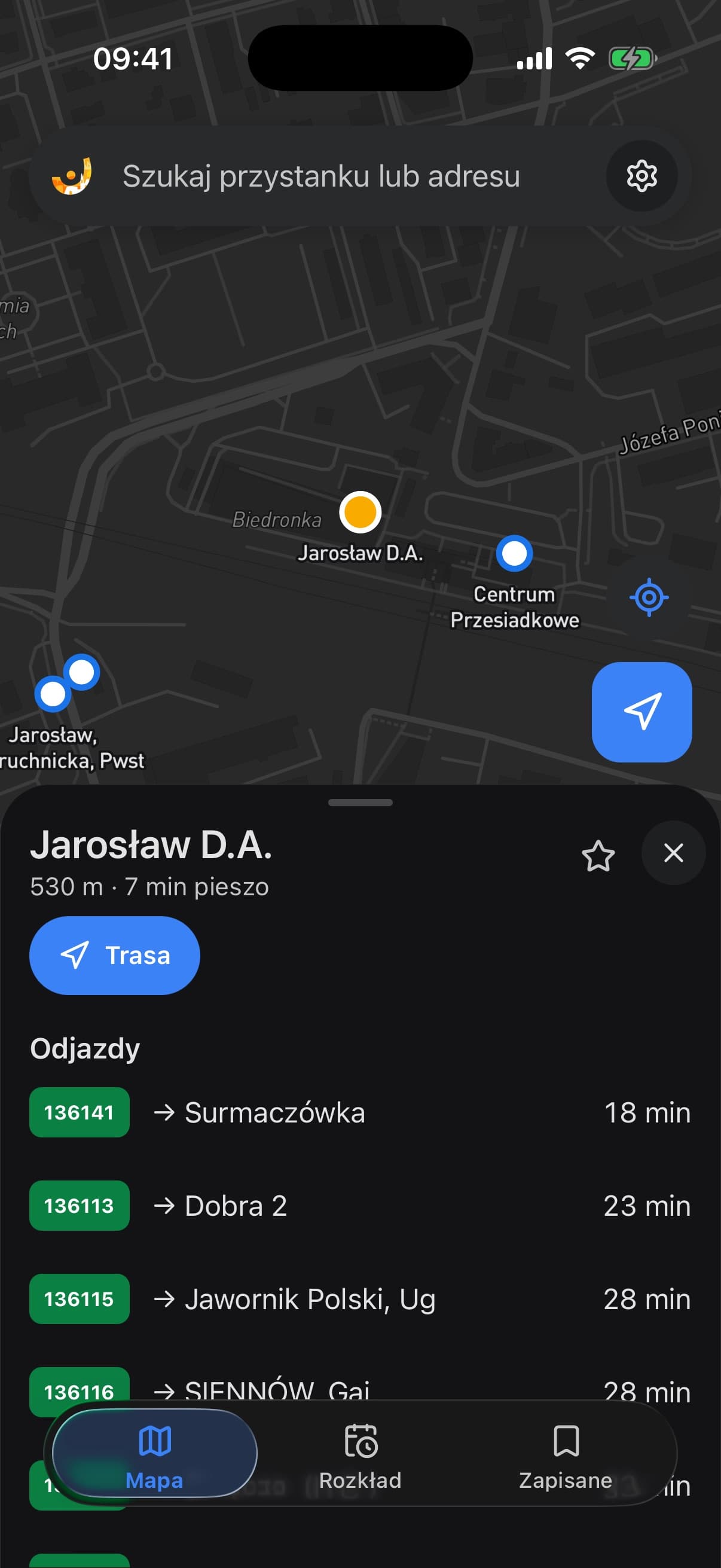 Dworzec Jarosław D.A. w aplikacji z listą najbliższych odjazdów linii PKS